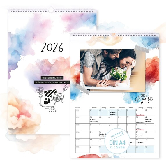 Kreativer DIY Bastelkalender 2026 im A4 Format - Aquarell Design - Inkl. Geburtstagskalender, Ferien & Feiertage