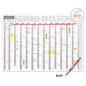 Calendario de pared lavable 2026 – planificador anual de 100 x 70 cm – calidad premium incluye 1 o 4 rotuladores edding, grande y reutilizable
