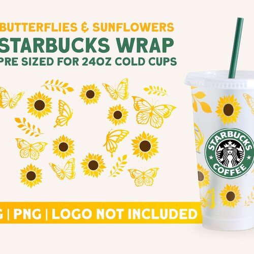 Sunflower SVG Wrap for Starbucks Venti Cold Cup, Butterflies SVG Full Wrap, Butterfly Cut File Cricut, png, dxf, Summer Svg, Silhouette