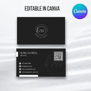 Op de afbeelding: Zwart visitekaartje ontwerp met de tekst "EDITABLE IN CANVA" bovenaan. De kaart bevat de naam "MORGAN BELL" en contactgegevens. Er is ook een cirkelvormig logo met de initialen "MB".