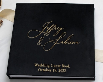 Black Velvet Wedding Guest Book, Personalized Gold Memory Book, Elegant Anniversary Keepsake Album