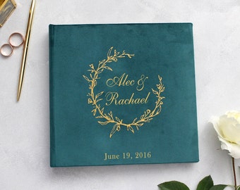 Handmade Emerald Velour Wedding Photo Album: Gold Wreath Guest Book with blank sheets