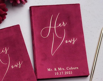 Burgundy Velvet His and Her Vow Books, Personalized Foil Wedding Ceremony Keepsake, Renewal Book