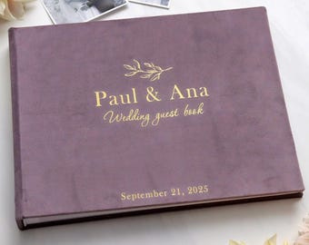 Vintage Lavender Wedding Guest Book 20 Pages, Gold Personalization Cover, Velvet Keepsake Book