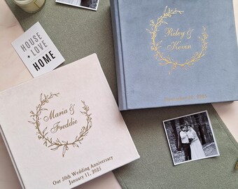 Blue Gray Velvet Photo Album 4x6, Personalized Slip-In Album, Holds 100-600 Photos, Writing Space