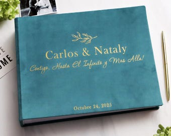 Teal Velvet Wedding Guest Book, Gold Foil Photo Album, Anniversary Keepsake, Marriage  Book