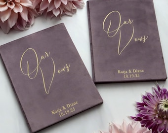 Vintage Lavender Velvet Vows His Her, Set Vow Books With Gold Lettering, Wedding Booklet