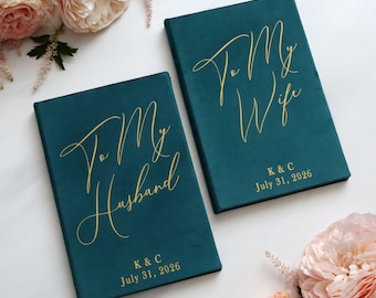 Emerald Velvet Wedding Vow Books, Personalized Foil Lettering Vows Set, His and Her Booklets