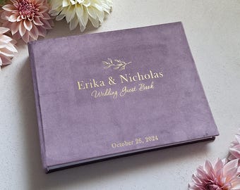 Handmade Velvet Wedding Guest Book: Vintage Lavender Gold Engraved Photo Album, 4x6