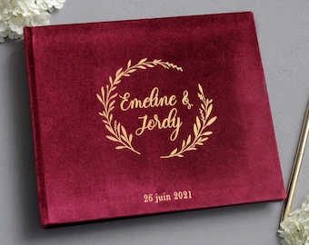 Burgundy Red Velvet Guest Book: Gold Lettering Wedding Photo Album