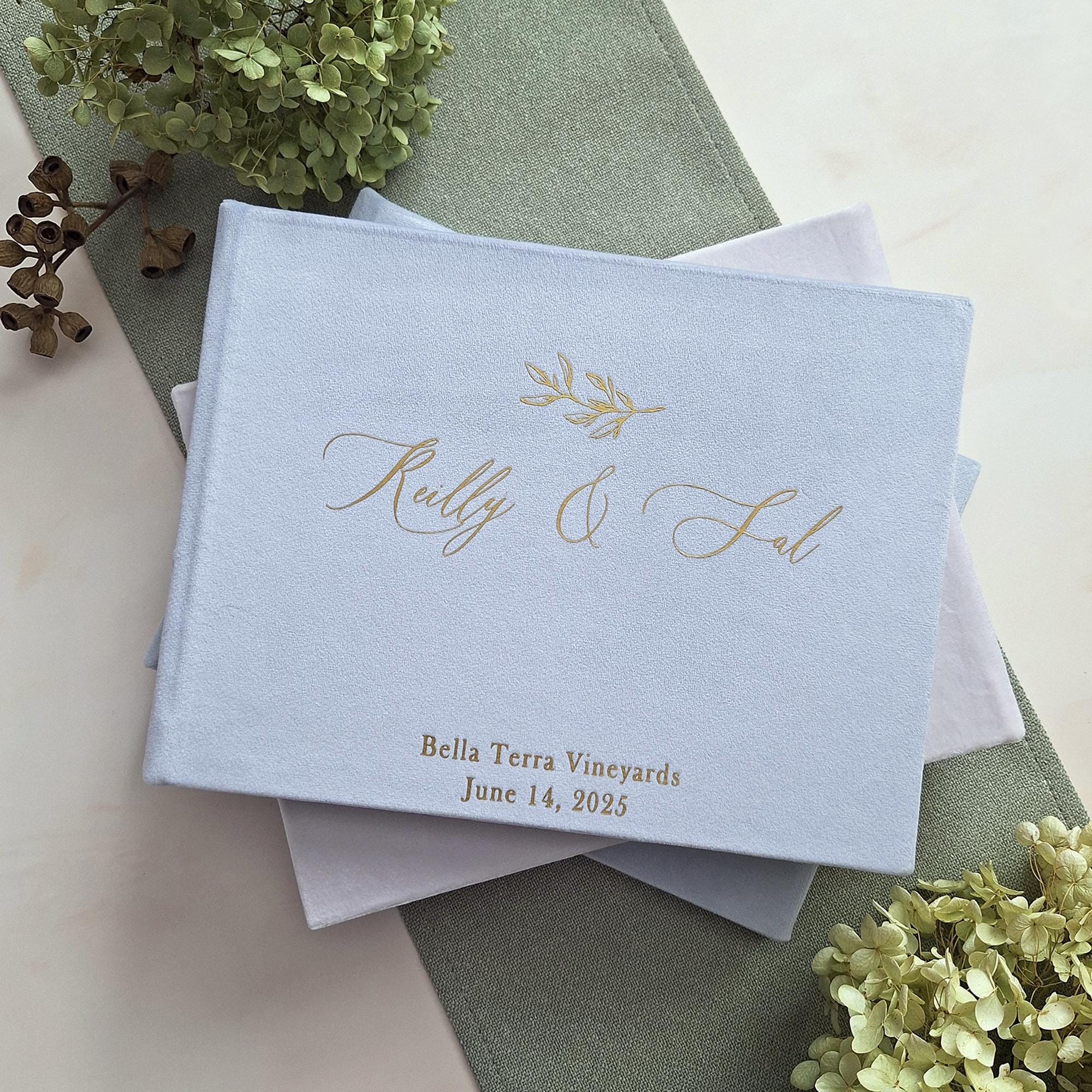Personalized Light Blue Velvet Guest Book: Floral Photo Album, Anniversary Keepsake