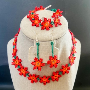 Flower Beaded Mexican Huichol Choker, earrings and bracelet  set
