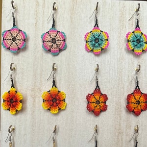 Huichol beaded Mexican flowered earrings