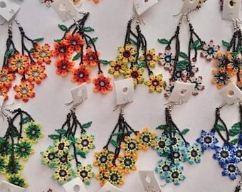 Flowered Huichol Beaded Chaquira Earrings