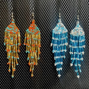 Mexican Huichol beaded fringed chaquira earrings