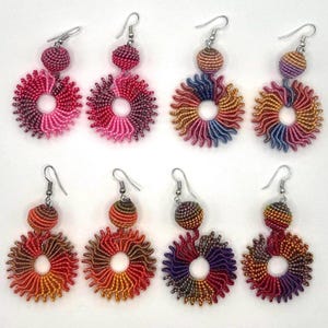 Spiral Multi-colored  wire Mexican earrings wrapped in cotton thread