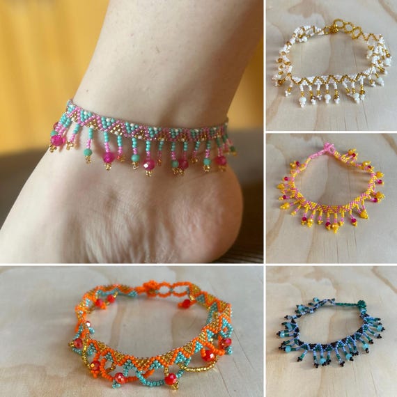 Dangling Mexican Beaded Huichol Anklets
