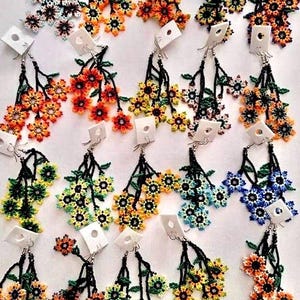 Flowered Huichol Beaded Chaquira Earrings