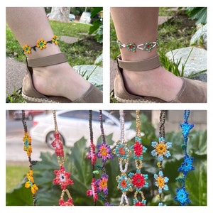 Flowered Mexican beaded Huichol anklets