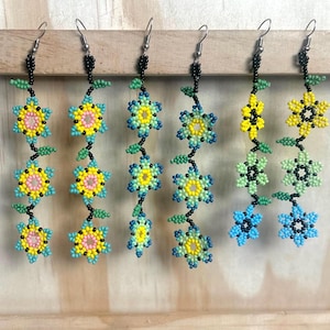 Dangling Flowered Huichol Beaded Chaquira Earrings with three flowers