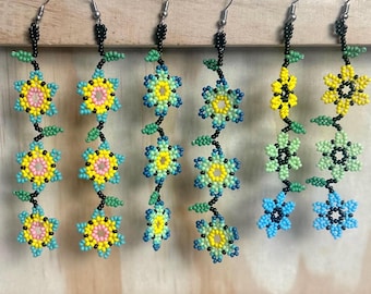 Dangling Flowered Huichol Beaded Chaquira Earrings with three flowers
