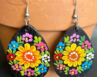Hand painted wooden oval Mexican earrings
