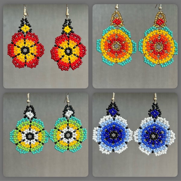 Handmade dangling Mexican flowered Beaded Earrings