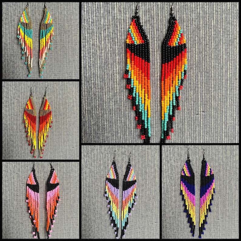 May include: A collection of six pairs of beaded earrings. The earrings feature a variety of colors, including black, orange, yellow, pink, and blue. Each pair has a unique design, with some resembling wings.
