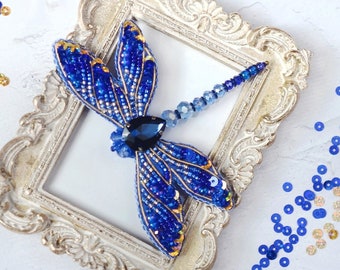 DIY brooch Blue Dragonfly, beaded brooch kit Dragonfly, DIY Jewelry making, Women's accessory