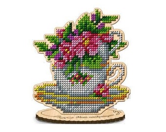 Wooden Flowers beadwork kit, Bead Embroidery Kit pink rose, DIY bead decor, Beading kit "Bouquet in a vase"