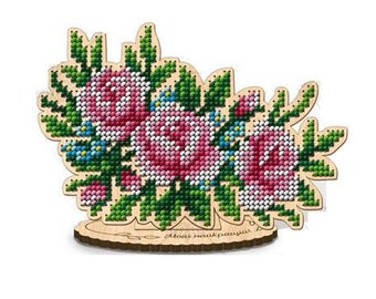 Wooden Flowers beadwork kit, Bead Embroidery Kit pink roses, DIY bead decor, Beading kit "Bouquet in a vase"