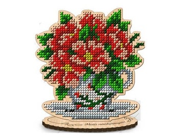 Wooden Flowers beadwork kit, Bead Embroidery Kit red flowers, DIY bead decor, Beading kit "Bouquet in a vase"