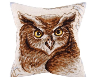 DIY Needlepoint Pillow Kit "Owl", Tapestry kit, Tent Stitch Kit, Embroidery kit 16"x16" (40х40 cm), Printed Canvas