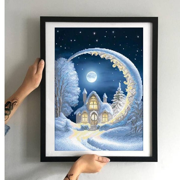 Fairy moon  beading kit, Winter landscape beadwork kit, Snowy cottage under the moon bead embroidery kit