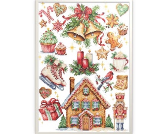 Christmas sampler cross stitch kit, X-max design embroidery kit, Winter landscape with cottages stitching kit