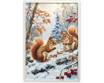 Squirrels in winter forest cross stitch kit, Winter scenery embroidery kit, Luca-s needlework kit, Forest animals cross stitch kit