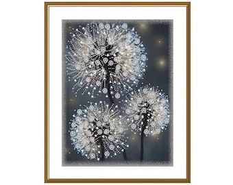 White dandelion bead embroidery kit, Beadwork flowers kit, A bouquet of white flowers beading kit