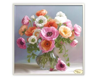 Helle Anemonen Perlenstickerei, Rote und rosa Blumen Perlenstickerei, Blumenstrauß in einer Vase Perlenstickerei