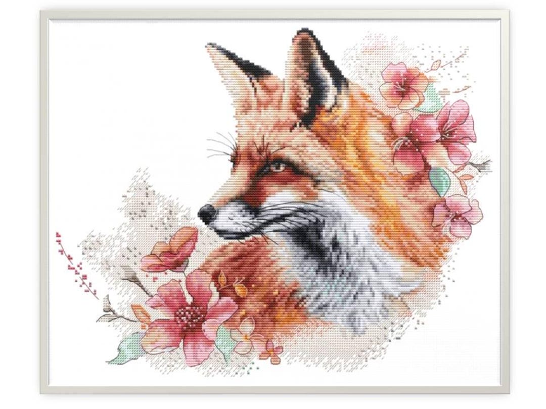 Sly Fox Cross Stitch Kit, A Fox in Flowers Embroidery Kit, Summer ...