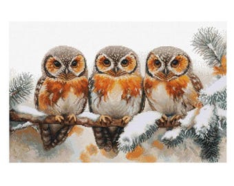 Three owls on a branch  cross stitch kit, Winter owls embroidery kit, Luca-s needlework kit,  DIY embroidery kit pretty bird