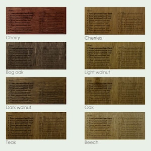 May include: A comparison of different wood types for laser engraving. Each wood sample has the text "Font: 1 Your personalized text 2 Your personalized text 3 Your personalized text 4 Your personalized text 5 Your personalized text 6 Your personalized text 7 Your personalized text 8 Your personalized text 9 Your personalized text" engraved on it. The wood types shown are Cherry, Bog oak, Dark walnut, Teak, Cherries, Light walnut, Oak, and Beech.