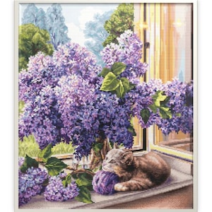 Cat Dreamer Cross stitch kit by Luca-S, Counted Cross Stitch Kit, Embroidery kit kittens, Cat on the window, Bouquet of lilacs cross stitch
