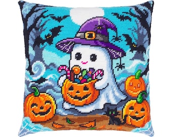 Ghost with Pumpkin DIY Needlepoint Pillow Kit, Halloween design Pillow, Printed Canvas