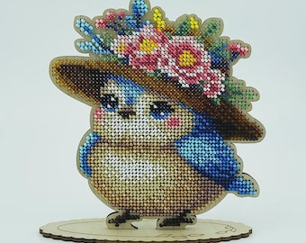 A bird in a hat wooden bead embroidery kit, bead stitching wood, home decor, beading figurine