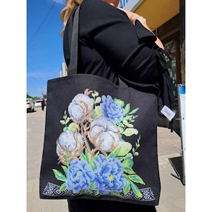 Bolsa de mano DIY con cuentas bordadas, bolsa de compras, kit de abalorios para bolsas ecológicas, bolsa de compras con flores azules, regalo para mujeres