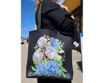 DIY Tote Bag embroidery beads, Shopping bag, eco-bag beading kit, Shopper with blue flowers, Gift for women