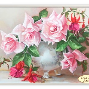 Borduurpakket roze rozen en fuchsia kralen, kit delicate bloemen kralen, kralenset mooie bloemen