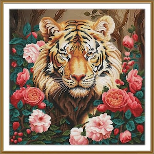A tiger in flowers cross stitch kit, Majestic tiger embroidery kit, Eye of the tiger needlework kit