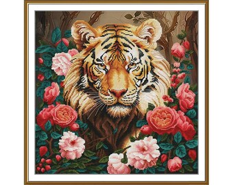 A tiger in flowers cross stitch kit, Majestic tiger embroidery kit, Eye of the tiger needlework kit