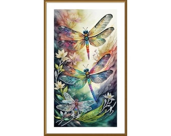 Brightly colored dragonflies bead embroidery kit, Beautiful insects beading kit, Bead art wall decor